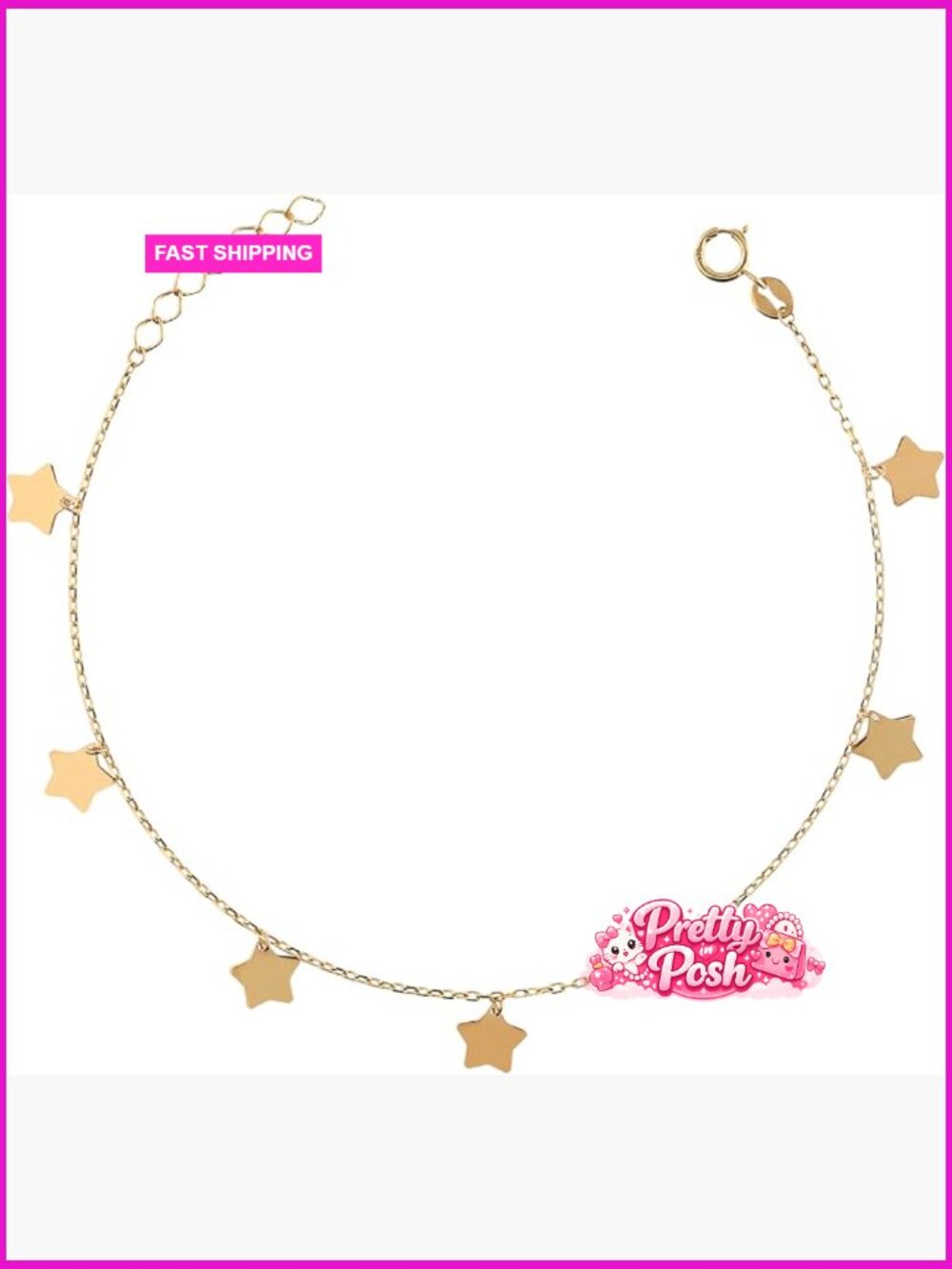 9K Gold Star Charm Bracelet - Rolo Chain, Lobster Claw Clasp